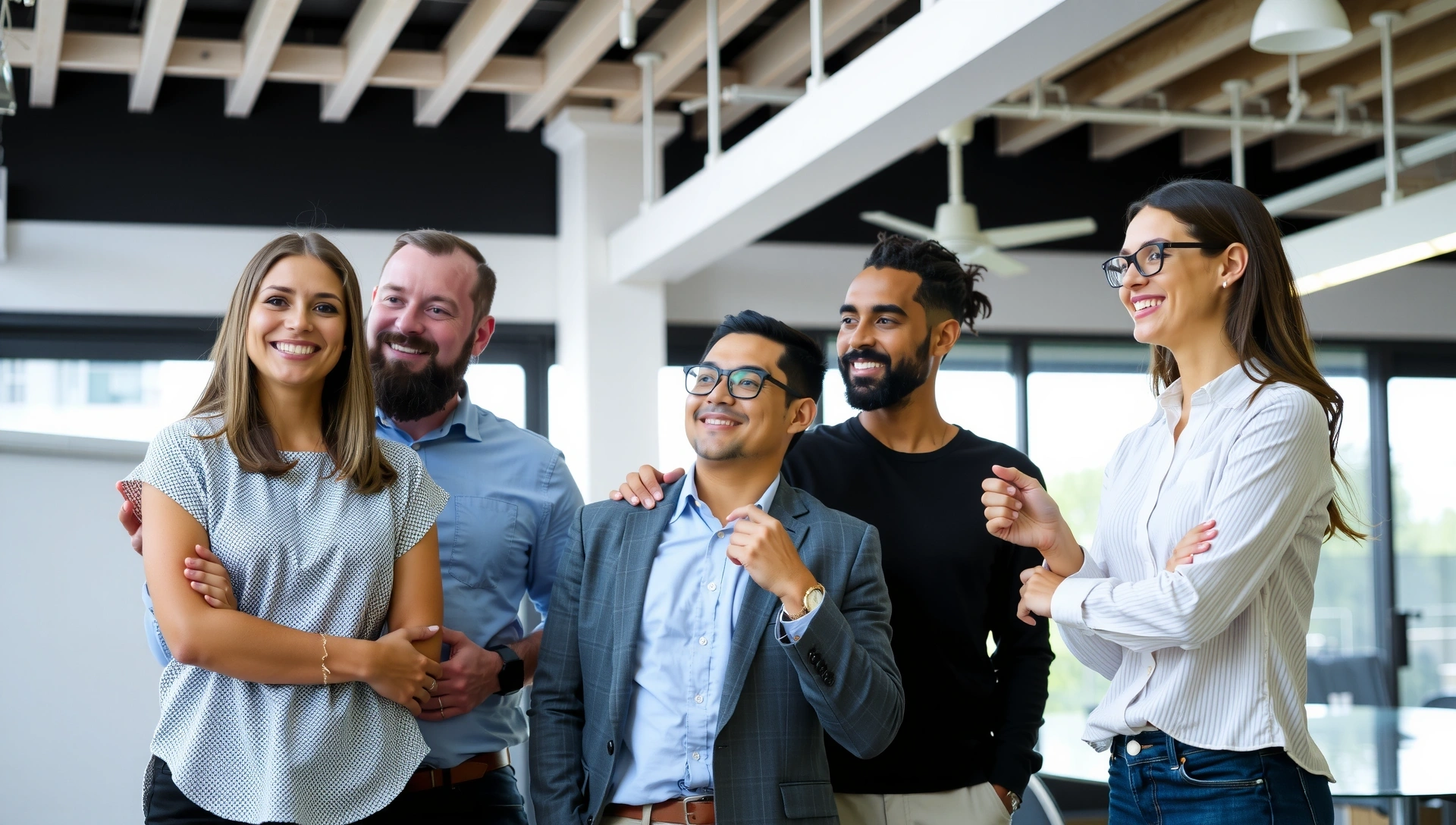 Echipa zâmbitoare lucrând împreună la birou