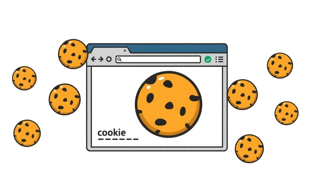 Ilustrație cu un browser web și iconițe de cookie-uri
