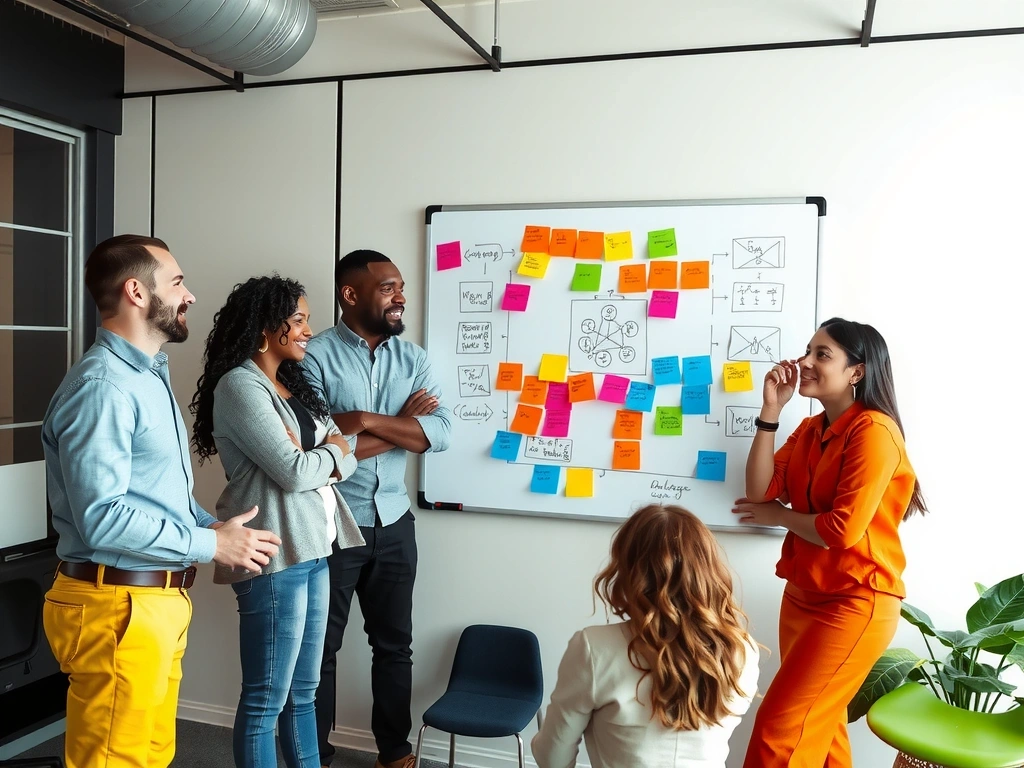 Team collaborating on a digital strategy, using sticky notes and whiteboards, illustrating a dynamic and agile workflow.